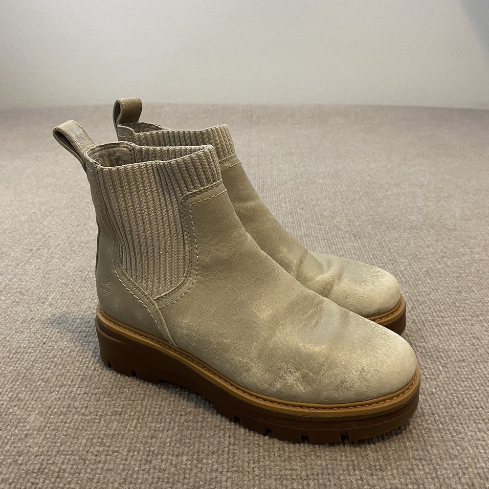 Timberland Chelsea Boots Womens 6.5 Beige Nubuck Ankle Lug Sole Platform A2KDD